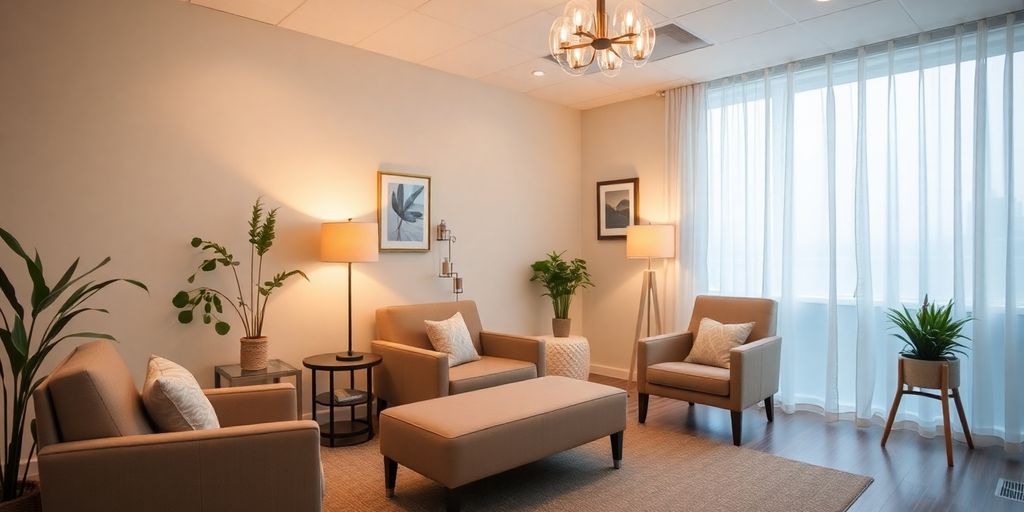 Therapieraum mit bequemen Sitzmöbeln und warmem Licht