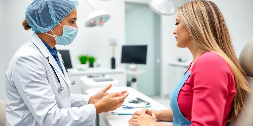 Patientengespräch über kosmetische Operationen im Klinikraum.