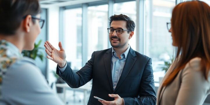 Berater und Klient im Gespräch in modernem Büro.