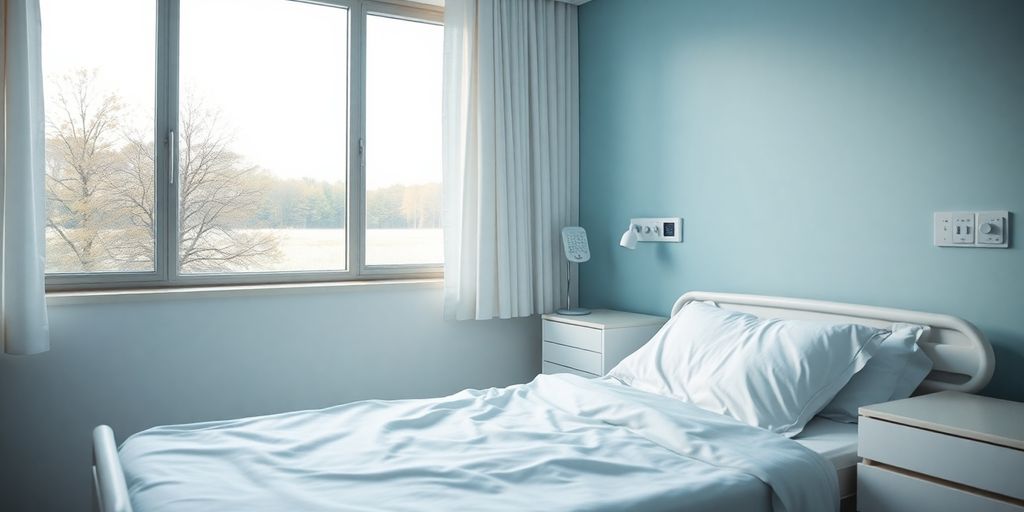 Ein ruhiger Krankenhausraum mit einem bequemen Bett.