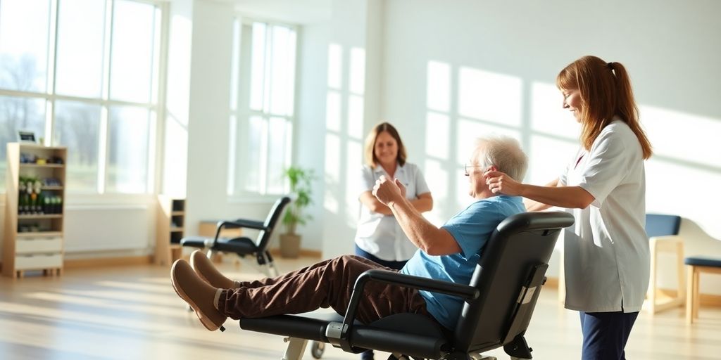 Rehabilitation nach einem Schlaganfall mit Patient und Therapeut.
