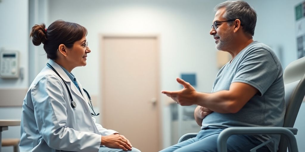 Arzt spricht mit Patient über Schlaganfallbehandlung.