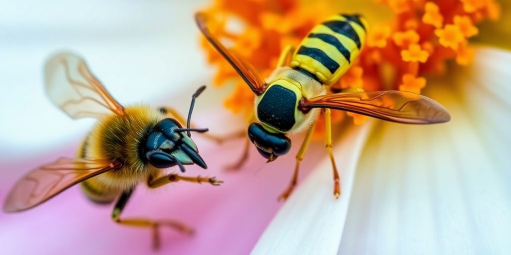 Nahaufnahme von einer Biene und einer Wespe auf einer Blume.