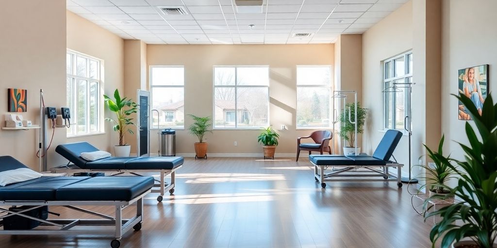Rehabilitationszentrum mit freundlichen Räumen und Therapiegeräten.