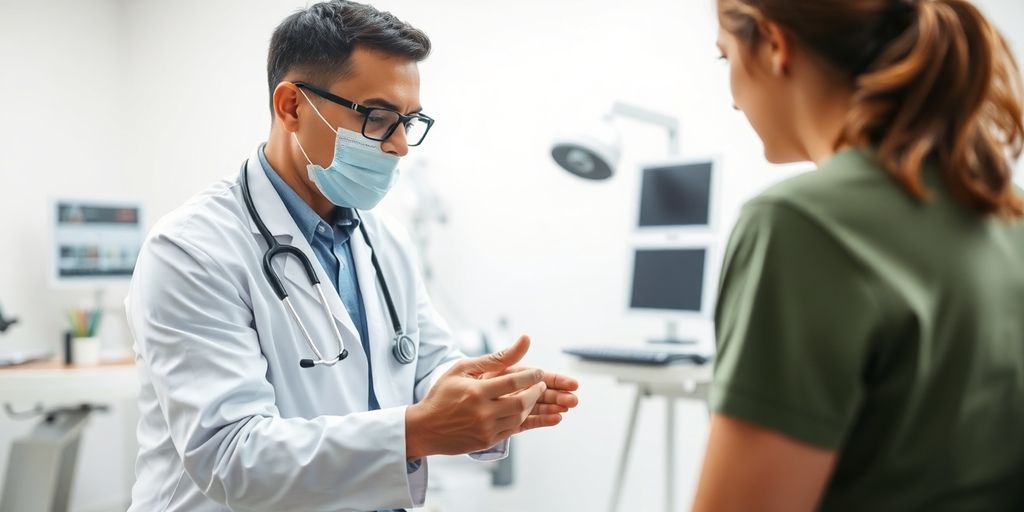 Durchgangsarzt untersucht verletzte Person in Klinik.