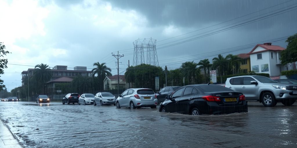 Flooded street with submerged cars and heavy rain