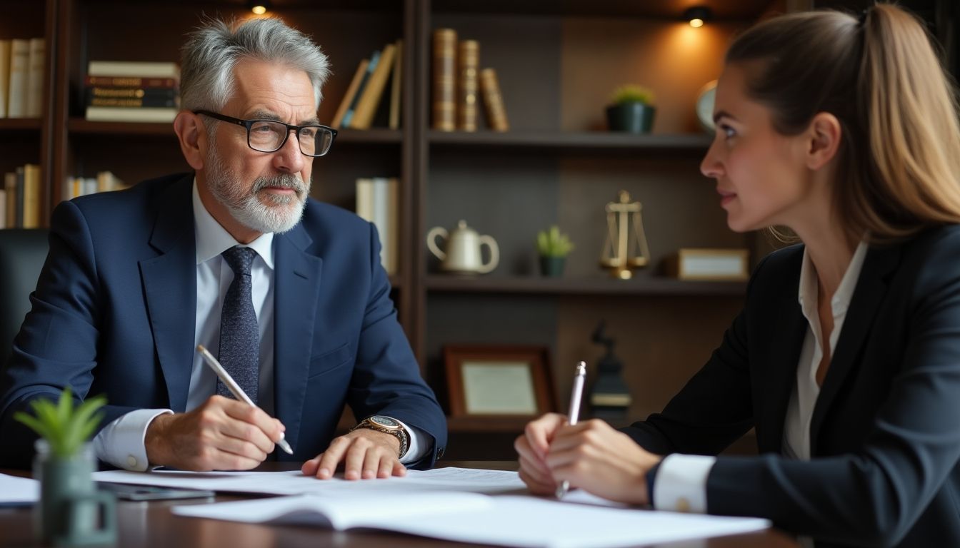 Rechtsanwalt im Gespräch zum Thema Wohnungs- und Grundstücks-Rechtsschutz im Büro