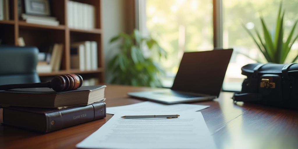 Korrespondenzanwalt Büro mit Bücher und Laptop.
