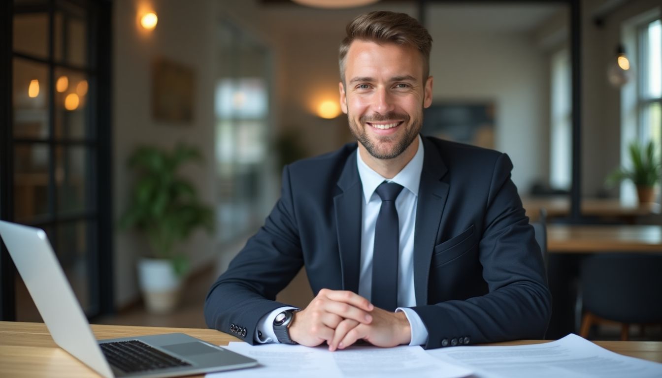 Smiling Korrespondenzanwalt in a professional office setting.