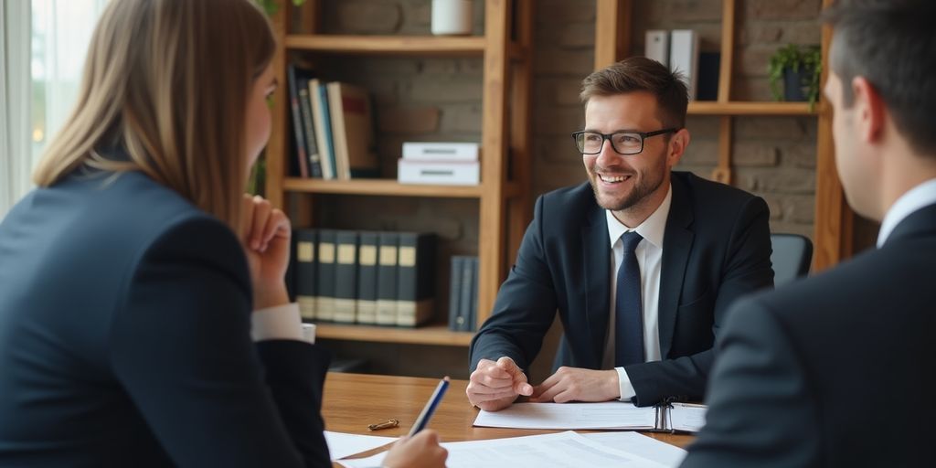 Anwalt im Gespräch zur Anwaltswahl mit Klient in modernem Büro.