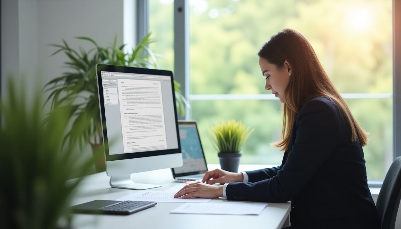 Lawyer at computer in bright office setting.