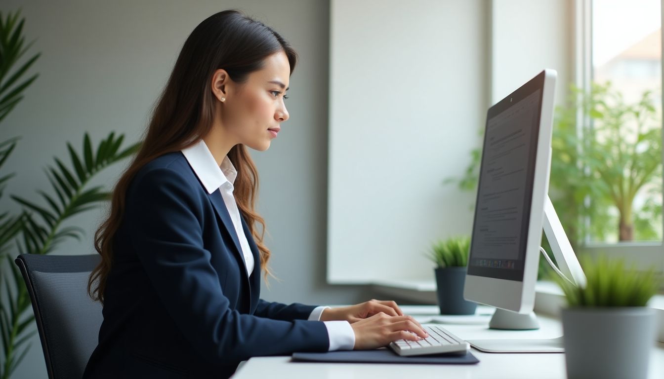 Lawyer at computer in bright office setting.