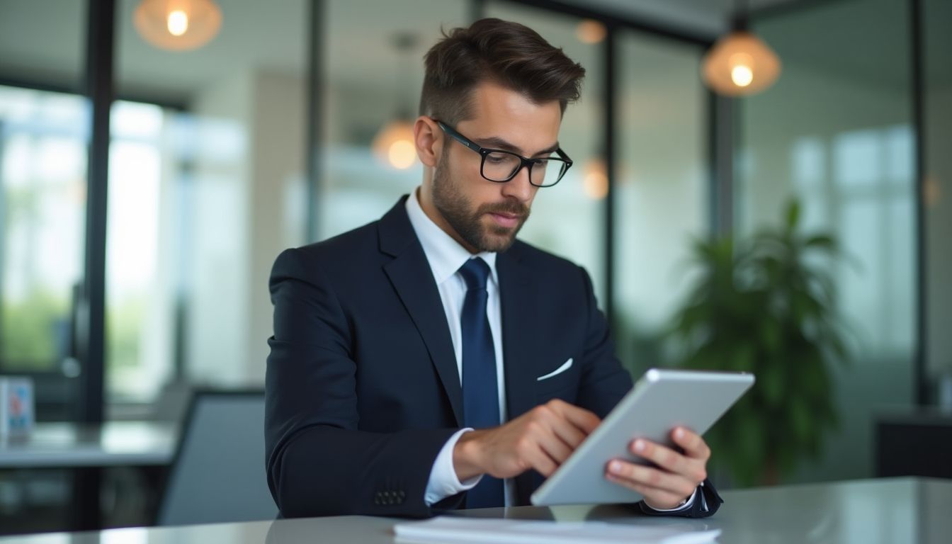 Rechtsanwalt in heller Umgebung arbeitet am Tablet zum Thema Beweisverfahren