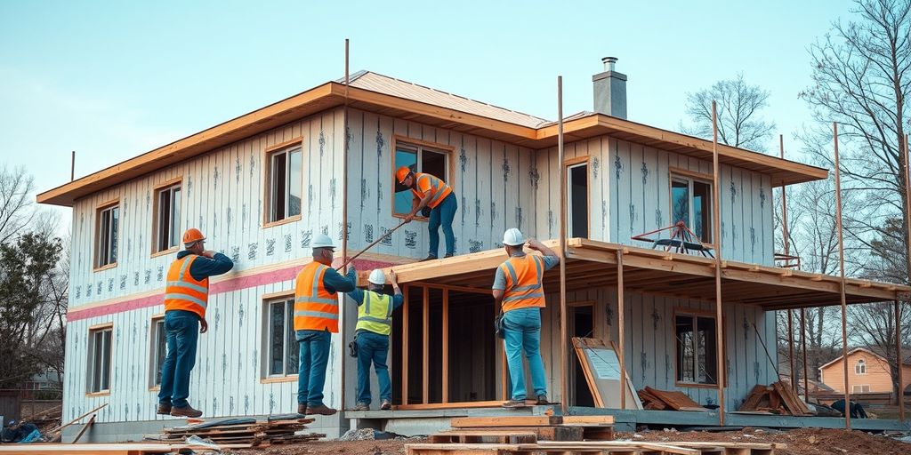 Workers in safety gear at a construction site