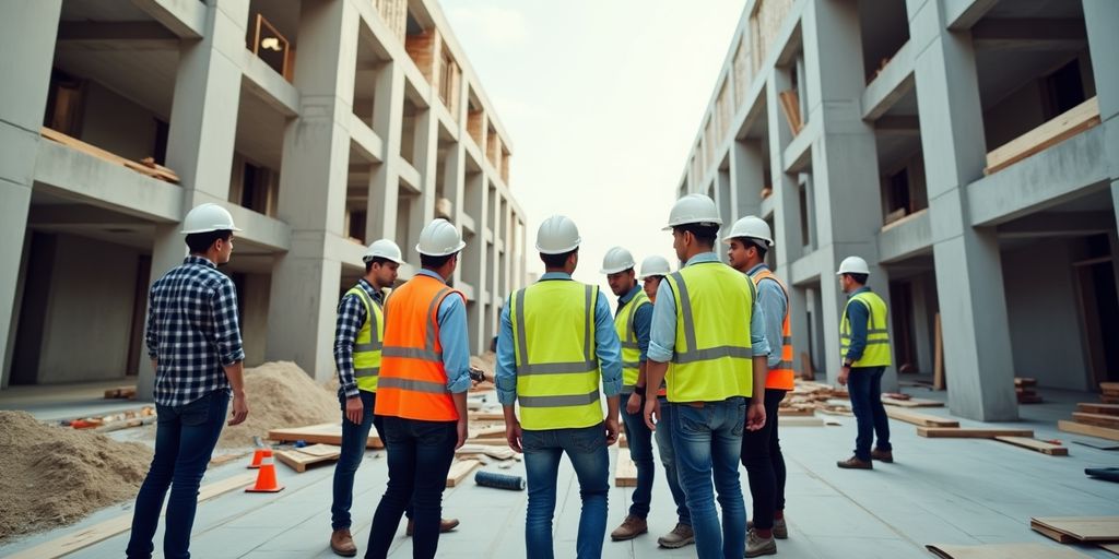 Bauarbeiter arbeiten zusammen auf einer Baustelle.