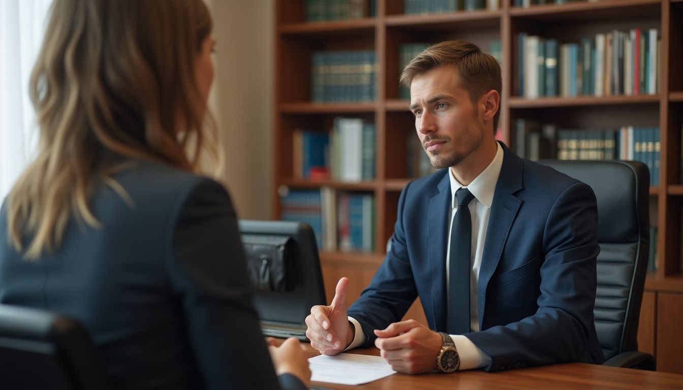 Lawyer explaining bail to a client in an office.