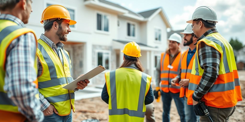 Construction workers inspecting a new house