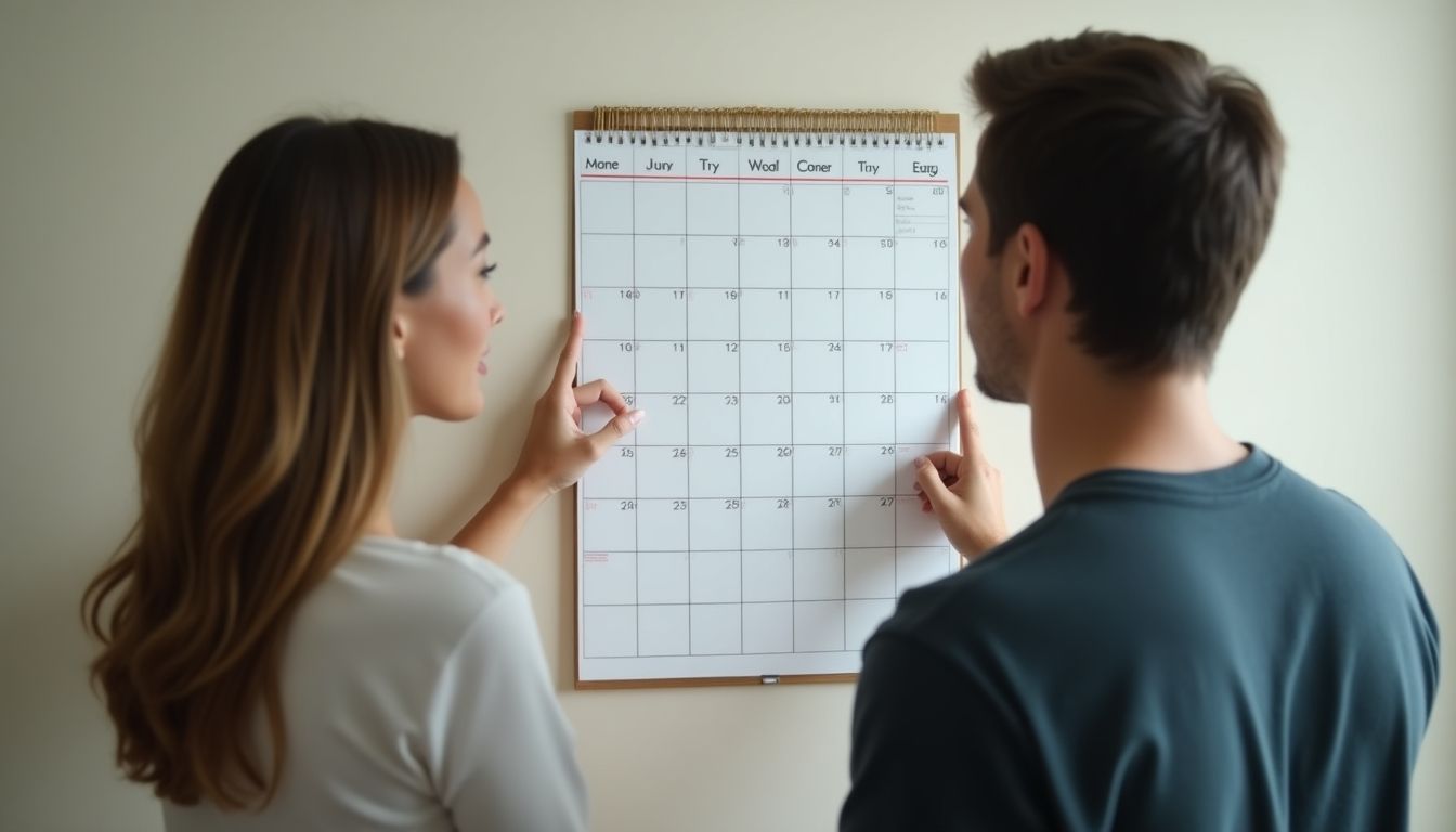 Couple looking at a calendar, reflecting on their future.