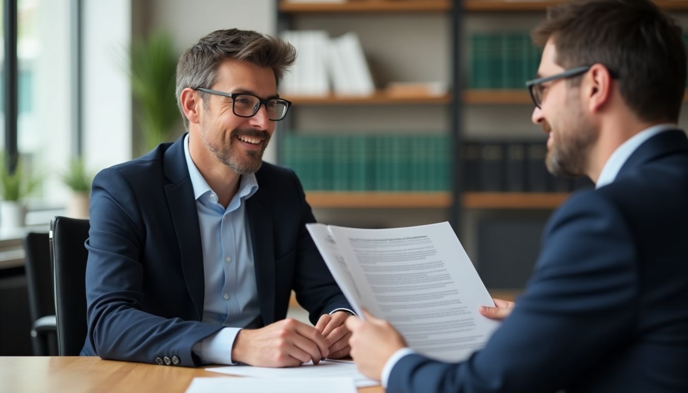 Anwalt und Klient in Besprechung zur Prozessfinanzierung im modernen Büro