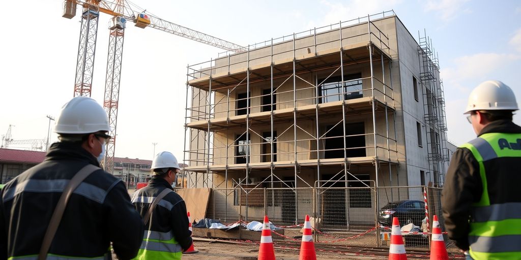 Construction site with workers and scaffolding