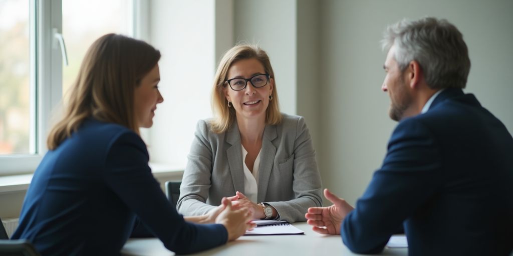 Mediationssitzung mit Teilnehmern und Mediator in einem Raum.