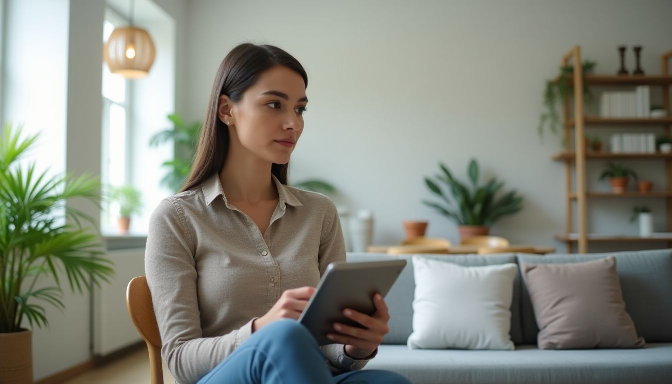Frau in Wohnung sucht am Tablet eine Rechtsschutzversicherung, die eine Revision zahlt.