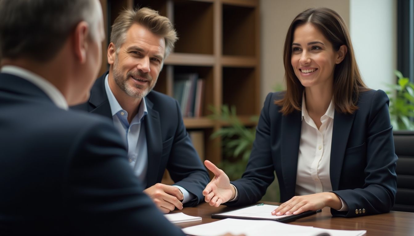 Rechtsanwalt im Gespräch mit Mandanten zur Markenrechtsverletzung 