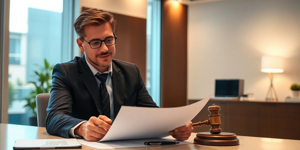 Executive am Schreibtisch mit Dokumenten zur Manager Rechtsschutzversicherung.