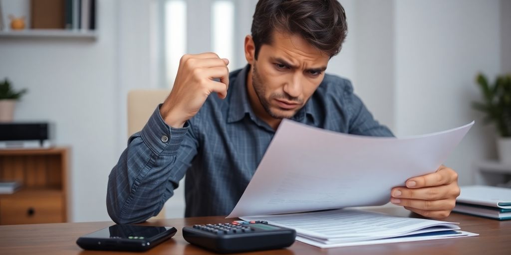 Steuerhinterziehung: Mann am Schreibtisch mit Finanzunterlagen und Taschenrechner.