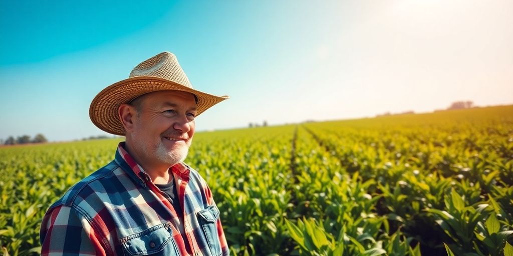 Landwirt in einem Feld mit Pflanzen.