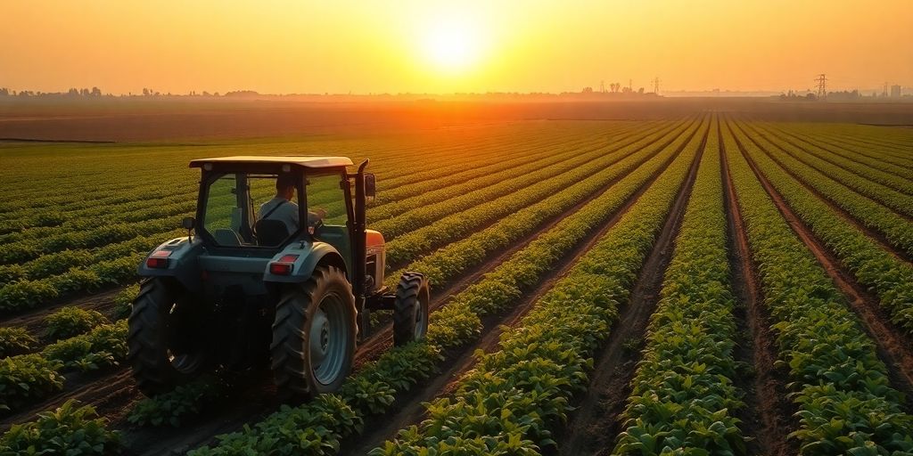 Agrarlandschaft mit Bauer und Traktor im Feld