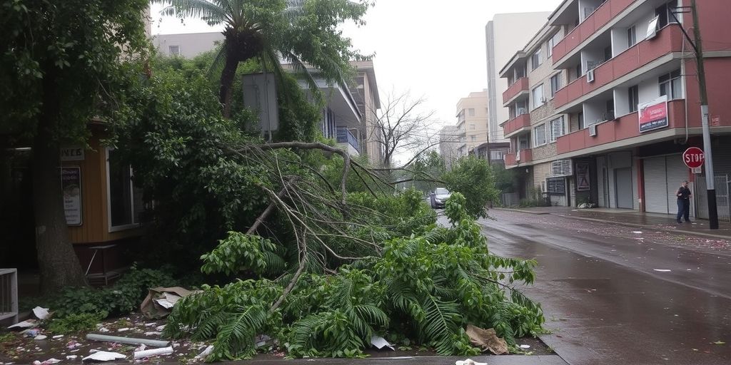 Storm damage to urban infrastructure with fallen trees