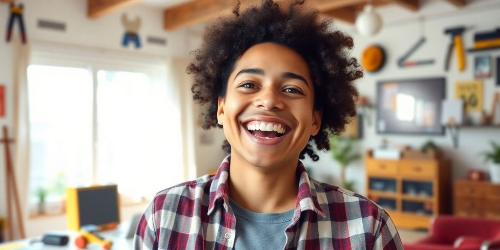 Lächelnde Person mit geliehene Sachen in der Wohnung eines Freundes.