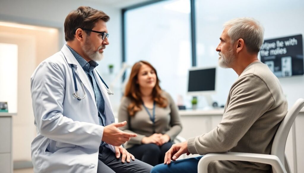 Periduralanästhesie: Doctor and patient discussing in a bright, modern practice.