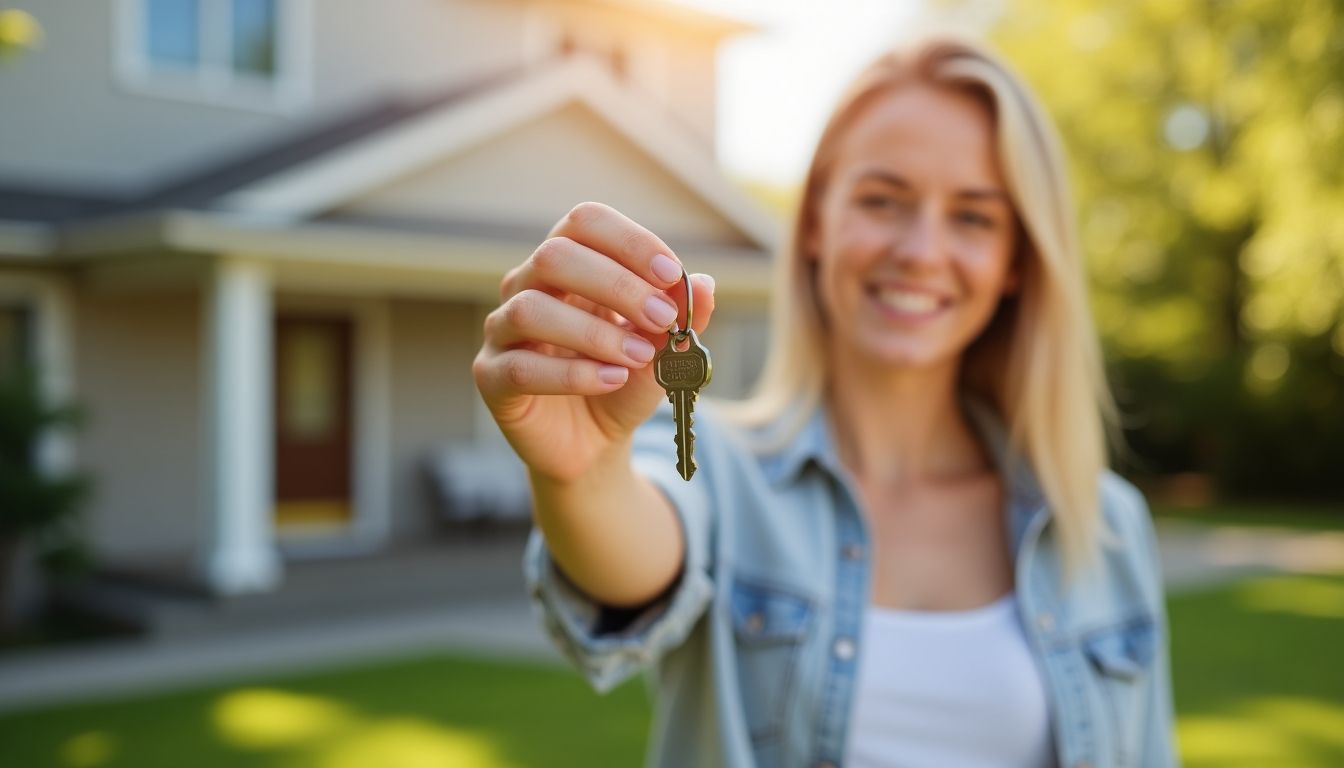 Smiling person holding a key in hand.