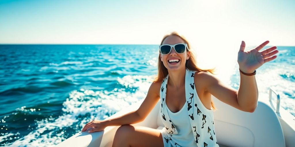 Lächelnde Person auf einem Motorboot bei sonnigem Wetter.