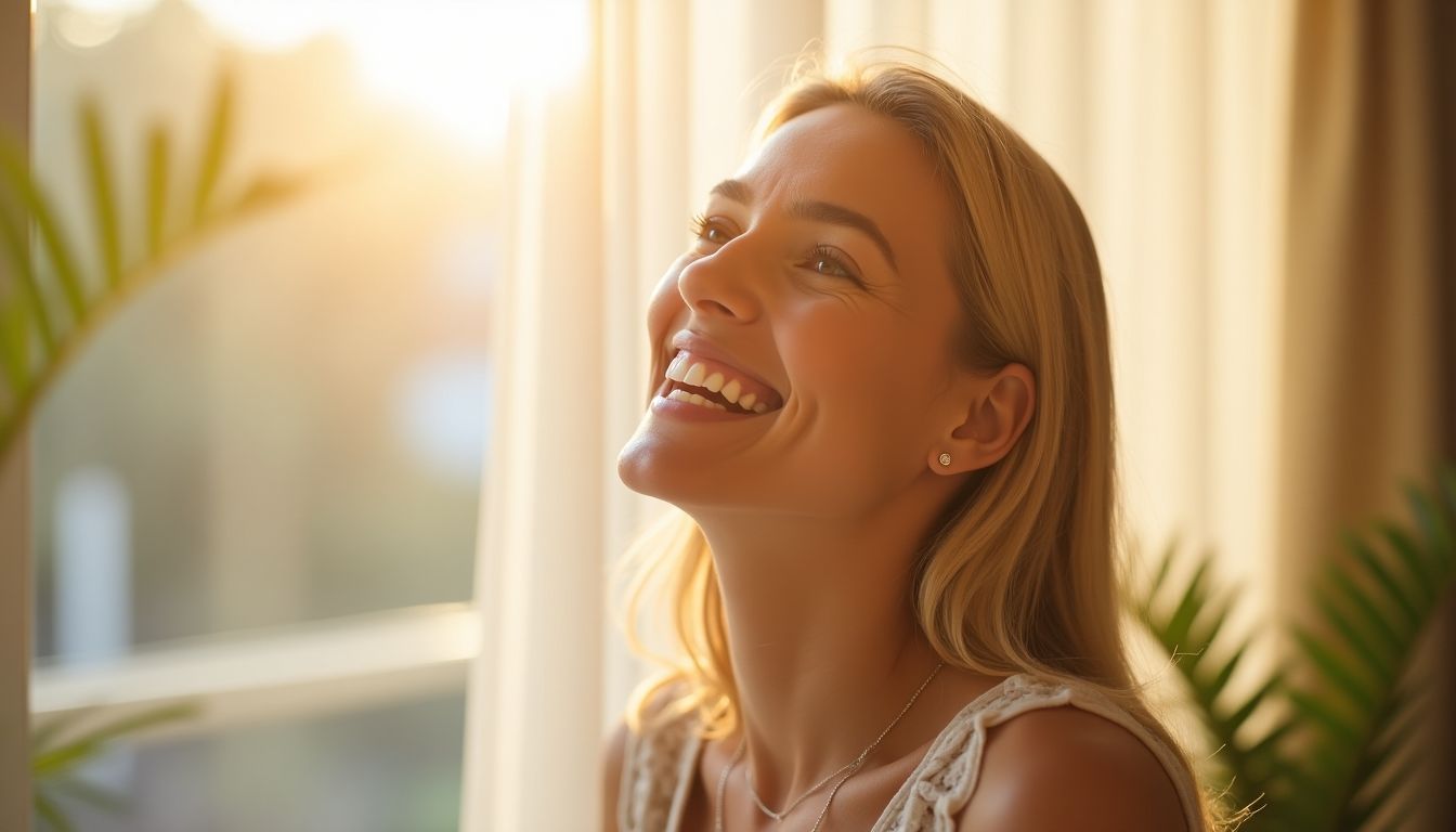 Sachschaden Haftpflichtversicherung: Smiling person in a bright room expressing joy.
