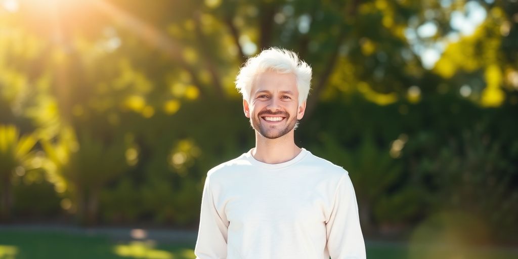 Ein lächelnder Mensch in hellen Umgebungen.