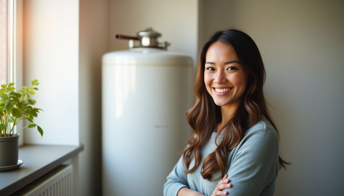 Smiling person with heating oil tank in bright room.