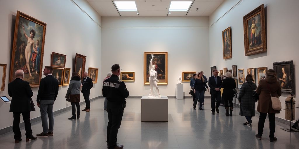 Art gallery with visitors and security guard