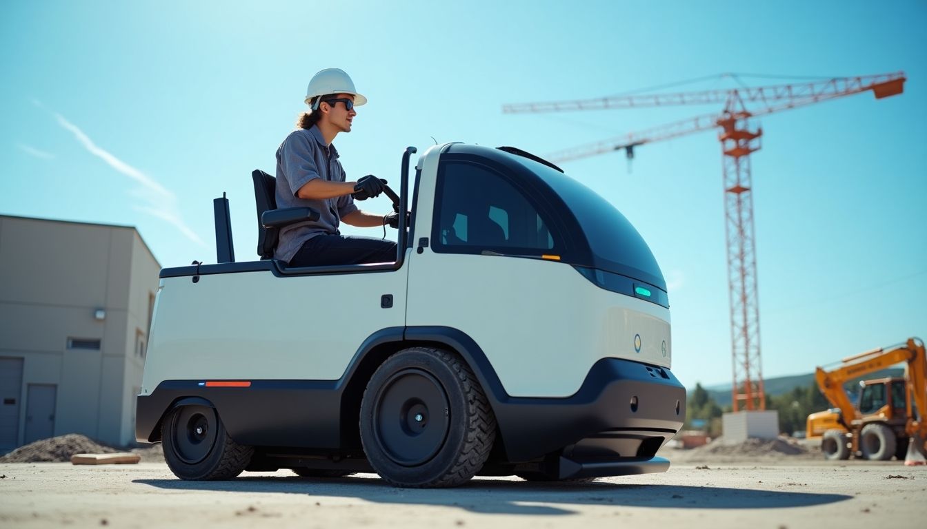 Construction worker with autonomous machine in bright environment.