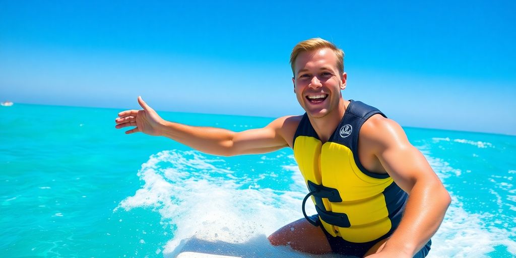 Fröhliche Person beim Surfen in sonniger Umgebung.