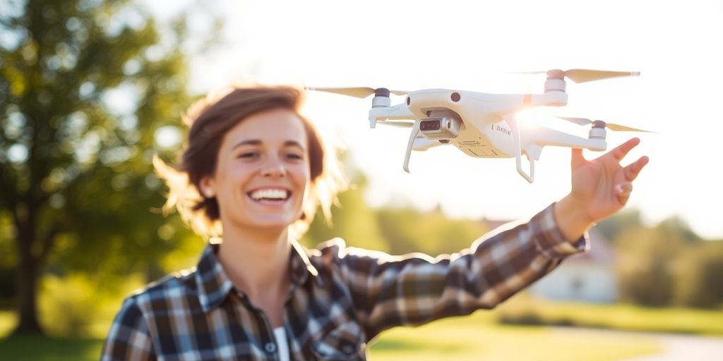Lächelnde Person mit Drohne in hellem Umfeld.