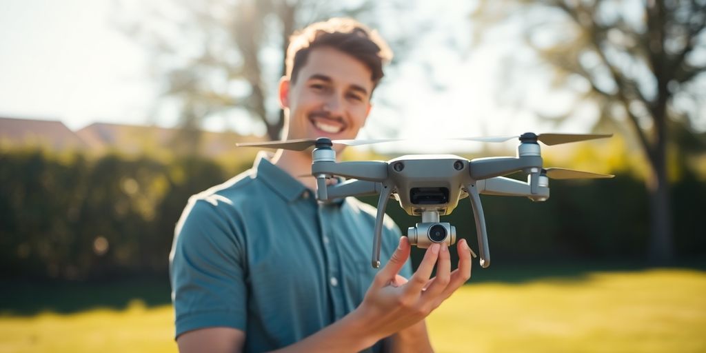 Fröhliche Person mit Drohne in heller Umgebung.
