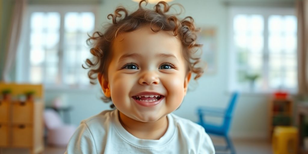 Pflegebedürftige Kinder: Lächelndes Kind mit besonderen Bedürfnissen im Kinderzimmer.