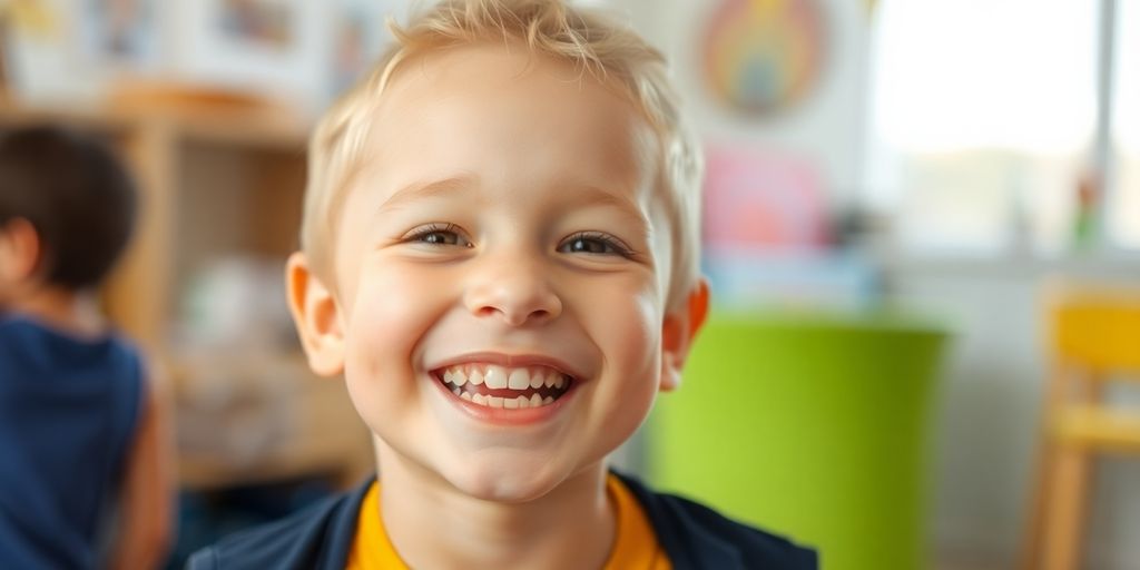 Lächelndes Kind mit besonderen Bedürfnissen in hellem Umfeld.