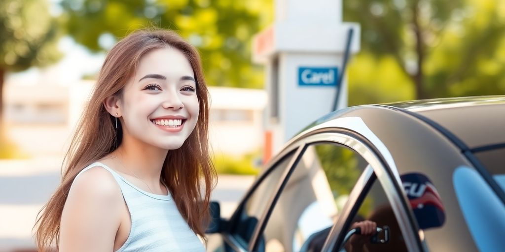 Lächelnde Person an einer Tankstelle mit einem Auto.