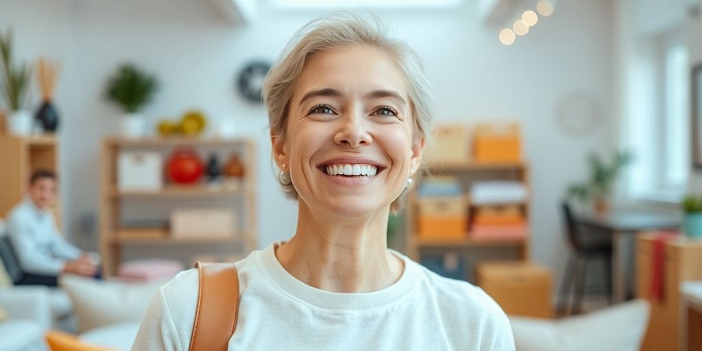 Lächelnde Person in heller Umgebung, Thema: Mietgegenstände.