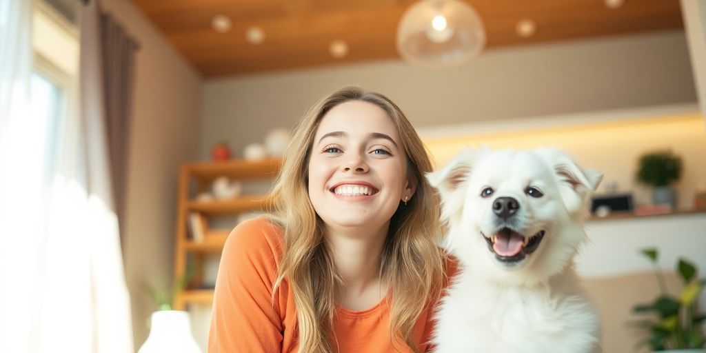 Lächelnde Person in hellen, einladenden Räumen.