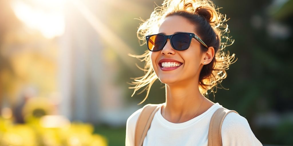 Lächelnde Frau in einen Auslandsaufenthalt in Ihrer Haftpflichtversicherung eingeschlossen.